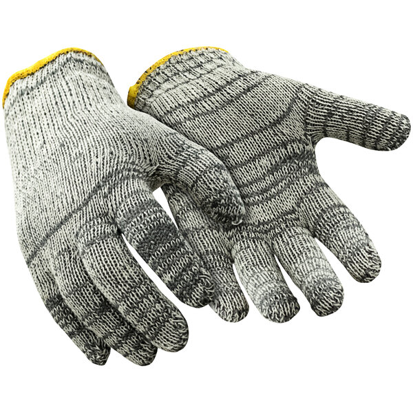 A pair of RefrigiWear glove liners with yellow trim.