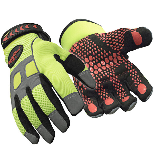 A pair of lime green and black insulated warehouse gloves.