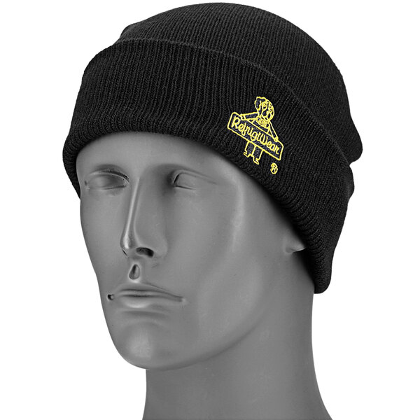 A black RefrigiWear knit beanie with a yellow logo on the side.