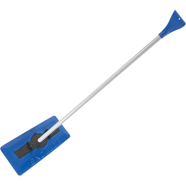 A blue and silver Snow Joe snow broom and ice scraper with a foam head.