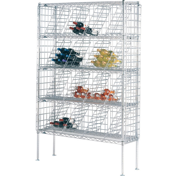 A metal rack with bottles of wine.
