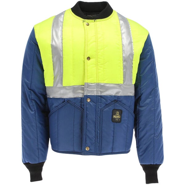 A blue and yellow RefrigiWear jacket with reflective stripes.