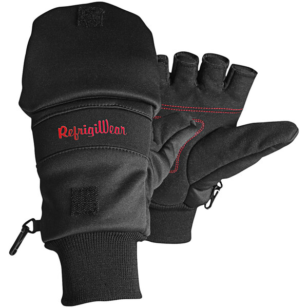 A pair of black RefrigiWear insulated softshell mitts with the top folded back.