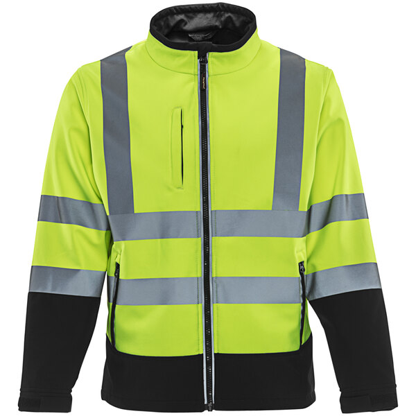 A black and lime green RefrigiWear industrial softshell jacket with reflective stripes.