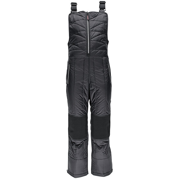 A pair of black RefrigiWear Diamond Quilted overalls with straps.