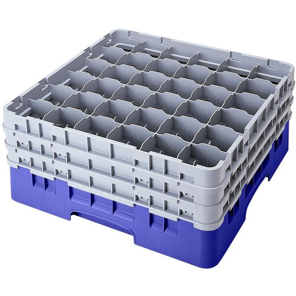 A blue plastic rack with 36 compartments for glasses.
