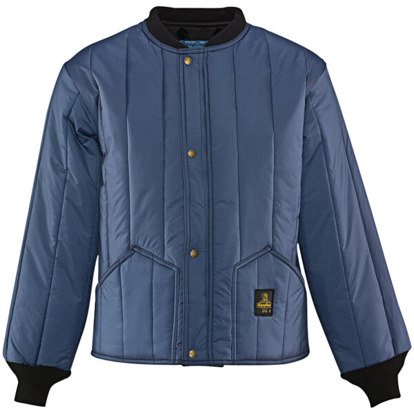 A navy blue RefrigiWear Cooler Wear jacket with black trim and a zipper.
