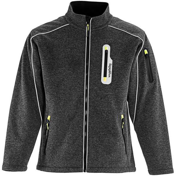 A gray RefrigiWear sweater jacket with yellow accents.