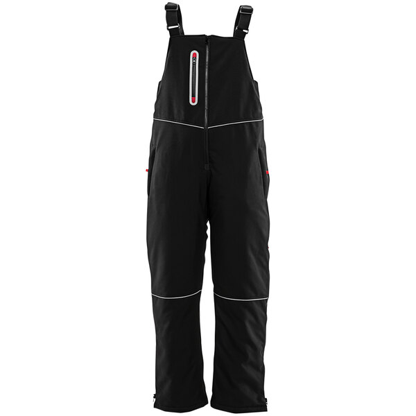 A person wearing black RefrigiWear insulated softshell bib overalls with black straps and red trims.