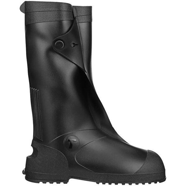 A pair of black Tingley Workbrutes overshoes with a zipper on a white background.