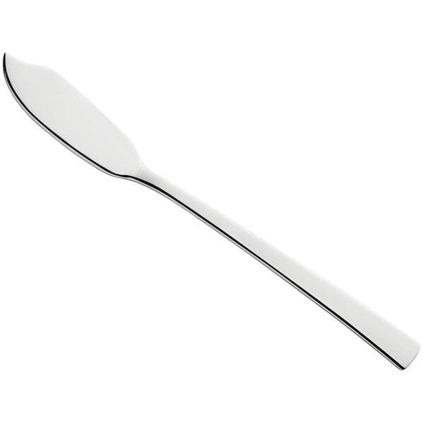 An Amefa Aurora stainless steel fish knife with a long handle on a white background.