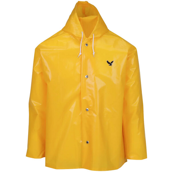 A yellow Tingley Iron Eagle rainsuit jacket with a white string and logo on the front.