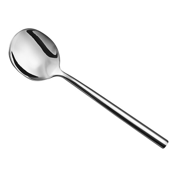 An Amefa Carlton stainless steel soup spoon with a long silver handle.