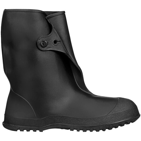 A black Tingley Workbrutes waterproof rubber overshoe with a rubber sole and button closure.
