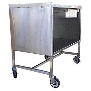 A Winholt stainless steel demo table with wheels and a door open.