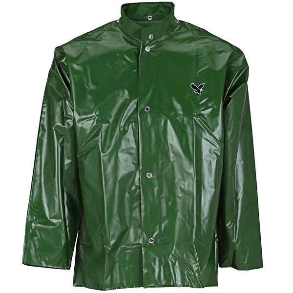 A green Tingley Iron Eagle rain jacket with black inner cuffs and logo on a white background.