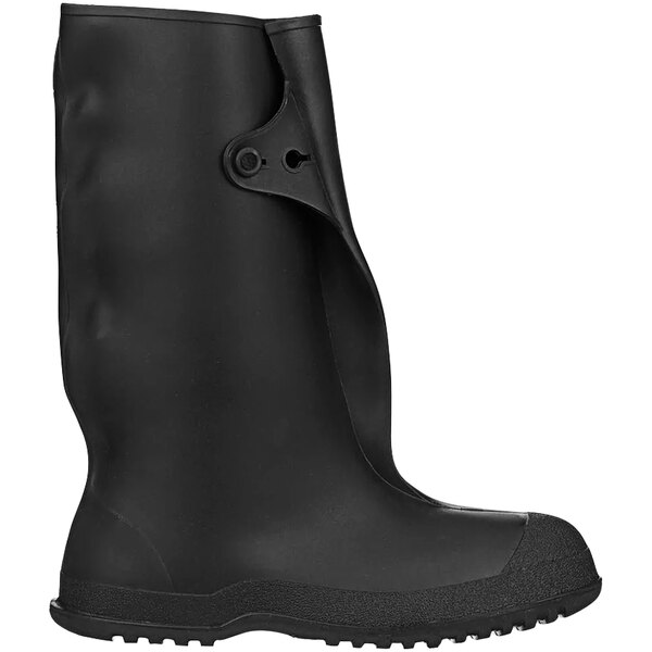 A black rubber Tingley Workbrutes waterproof overshoe with a rubber sole and button closure.