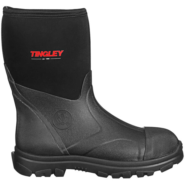 A black Tingley Badger waterproof boot with a logo on it.