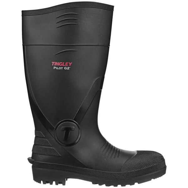 A black Tingley Pilot waterproof knee boot with red and white text on the toe that reads "Tingley" and "Pilot"