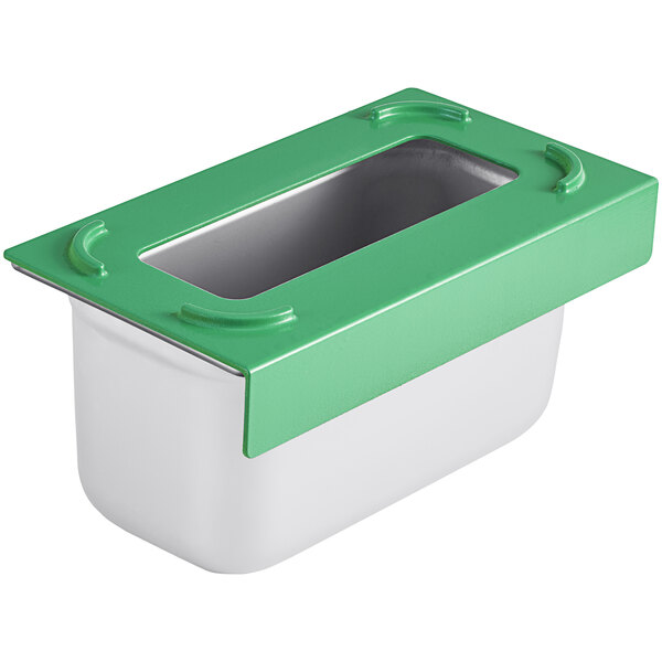 A white and green container with a green lid for Pan Stackers.