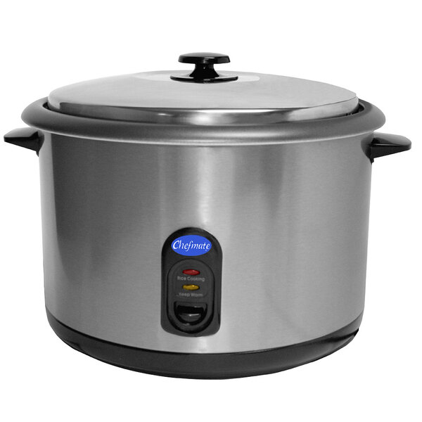 A silver stainless steel Globe RC1 rice cooker with a black lid.