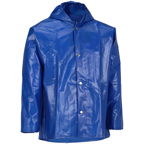 A Tingley Iron Eagle blue rain jacket with a hood on a white background.
