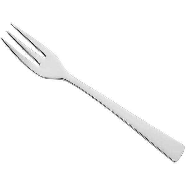 An Amefa Livia silver stainless steel cake fork with a white handle.