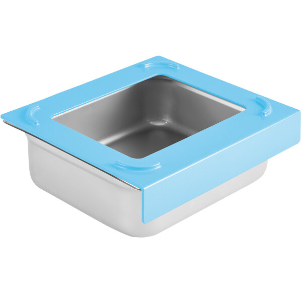 Blue plastic Pan Stackers for stainless steel hotel pans.