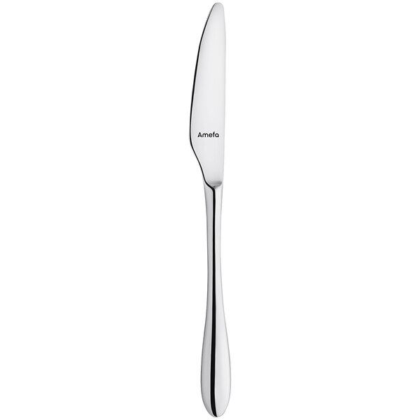 An Amefa Cuba stainless steel dessert knife with a silver handle on a white background.