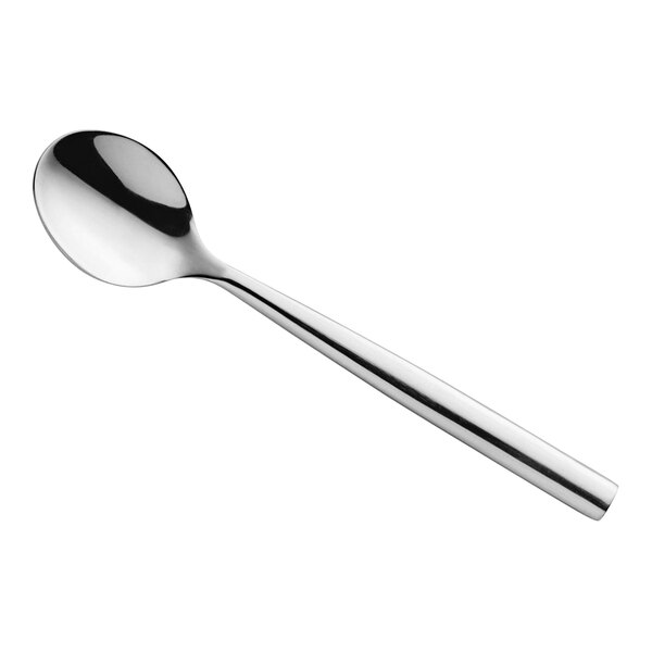 An Amefa Carlton stainless steel demitasse spoon with a silver handle.