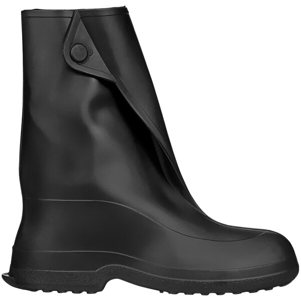 A black rubber overshoe with a zipper on the side.