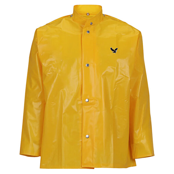 A yellow Tingley Iron Eagle rain jacket with a black eagle logo.