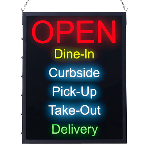 A black rectangular LED open sign with white letters.