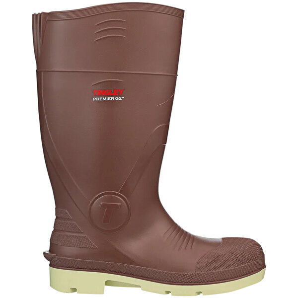 A brown Tingley Premier G2 waterproof knee boot with a white sole.