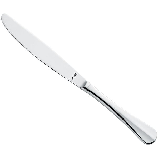 An Amefa stainless steel table knife with a silver handle on a white background.