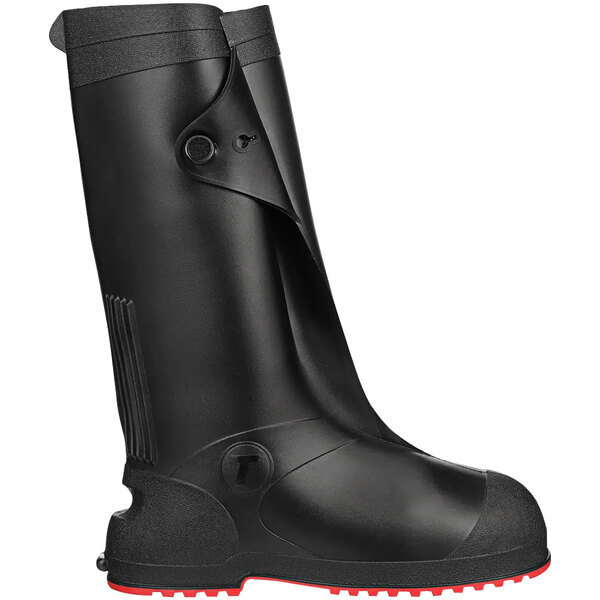A Tingley black work boot overshoe with red soles.