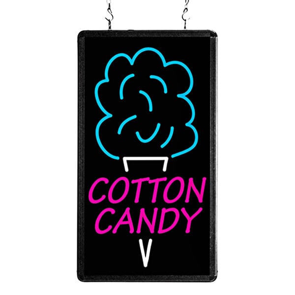 A rectangular LED sign with a white background and pink text that says "Cotton Candy"