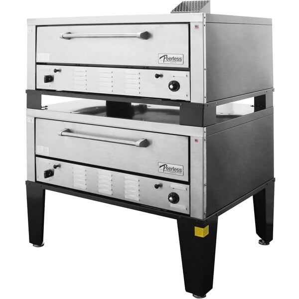 A Peerless double deck stainless steel pizza oven on a stand.
