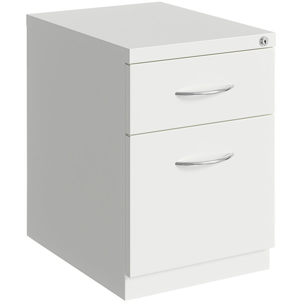 A white Hirsh Industries mobile pedestal filing cabinet with 2 drawers and silver handles.