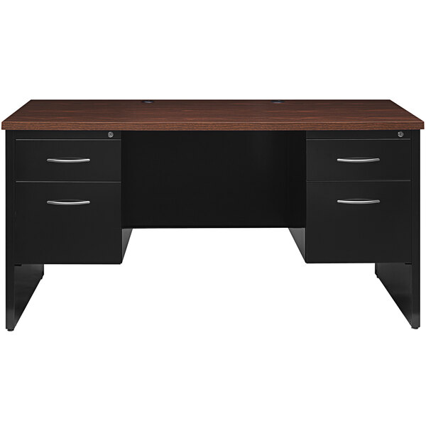A black and walnut Hirsh Industries desk with two pedestals and drawers.