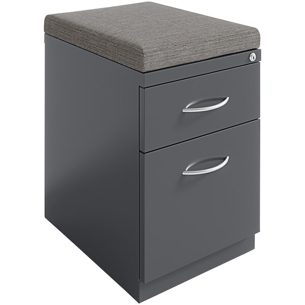 A grey Hirsh Industries mobile pedestal filing cabinet with two drawers and a cushioned top.