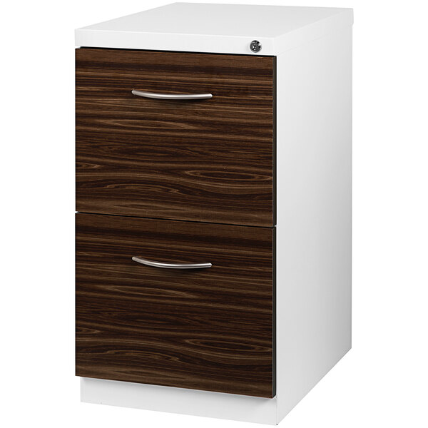A white Hirsh Industries mobile pedestal filing cabinet with two walnut laminate drawers.