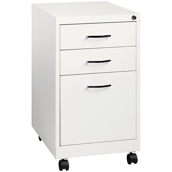 A white Hirsh Industries mobile pedestal filing cabinet with 3 drawers and black handles on wheels.