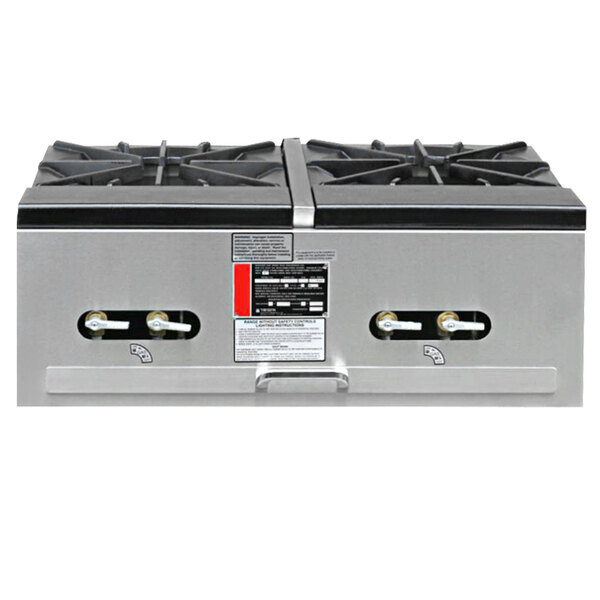 A Town stainless steel liquid propane double stock pot stove with two burners.