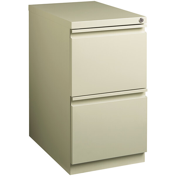 A white Hirsh mobile pedestal filing cabinet with two drawers.