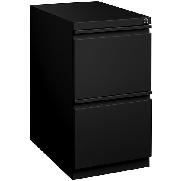 A black Hirsh Industries mobile pedestal filing cabinet with two drawers.