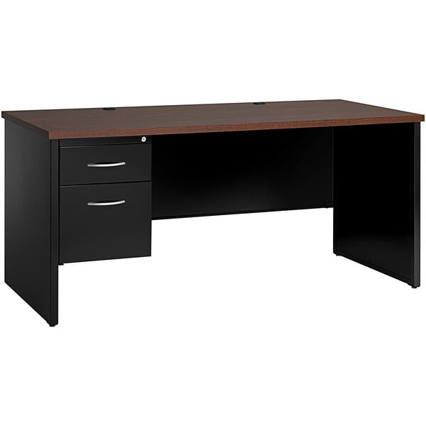 A black and walnut Hirsh Industries desk with left-hand pedestal and drawers.
