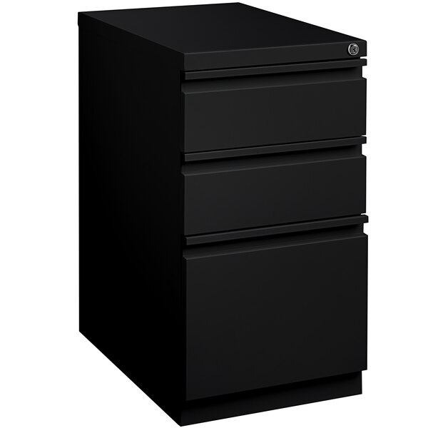 A black Hirsh Industries mobile pedestal filing cabinet with three drawers.