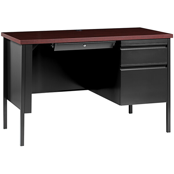 A charcoal and mahogany desk with right-hand pedestal drawers.