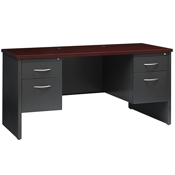 A charcoal desk credenza with mahogany accents and two pedestals with drawers.